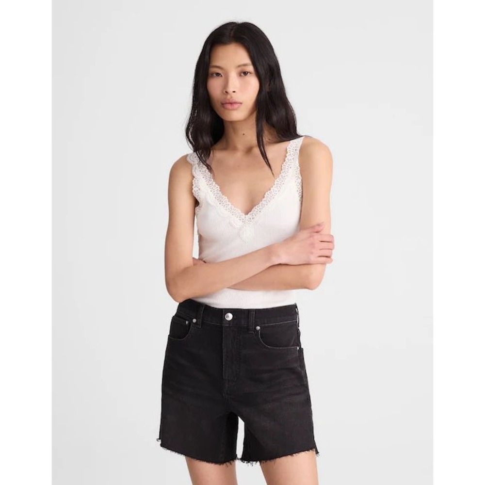 Madewell The Perfect Mid-Length Jean Short Catalani Wash Black Frayed Hem 28
